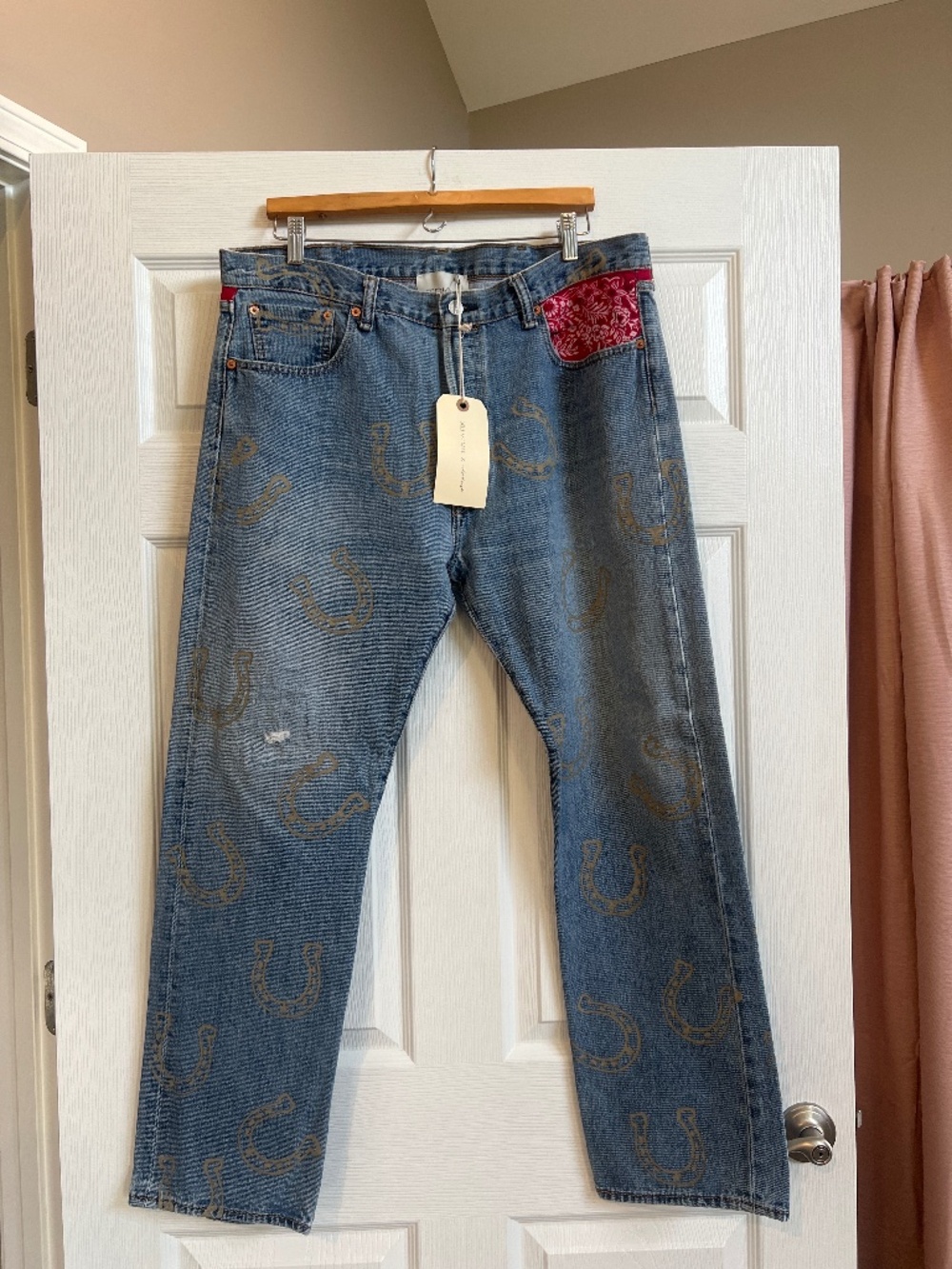 Free People x Tricia Fx Jeans NWT Womens L Blue Horseshoe Bandana Upcycled Levi